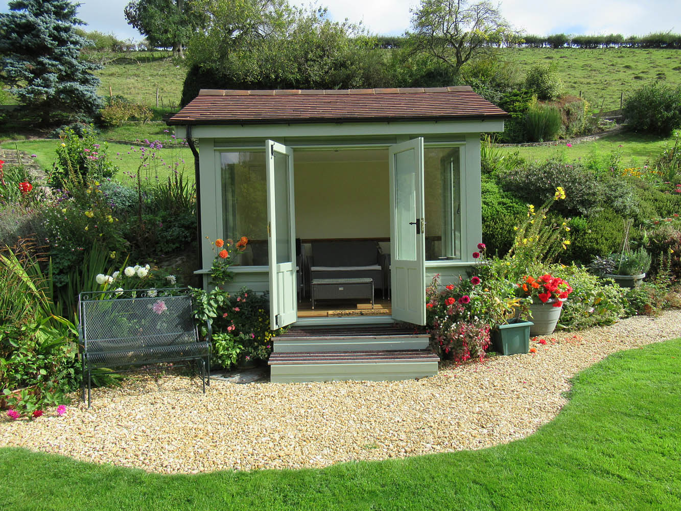 Painted bespoke insulated garden room with double doors, Shropshire